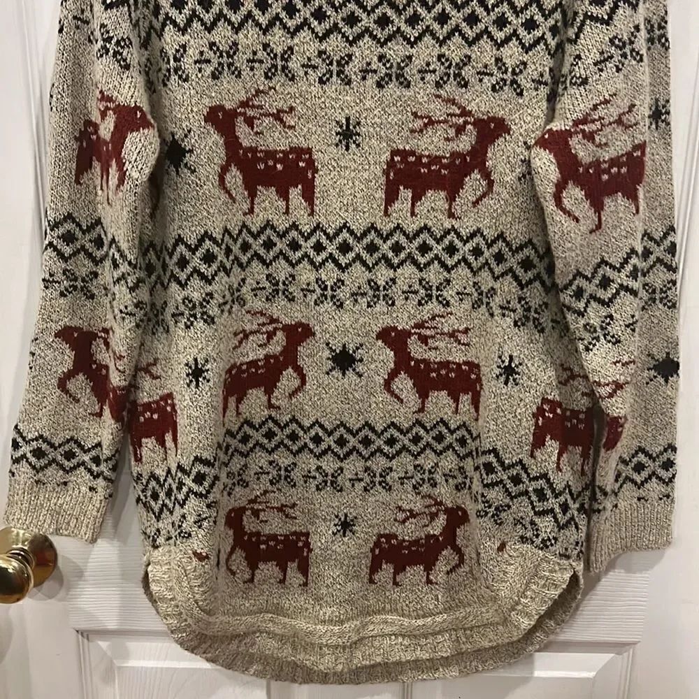 Shineflow Reindeer Patterned Knit Sweater Long Beige Red Small - Picture 7 of 13